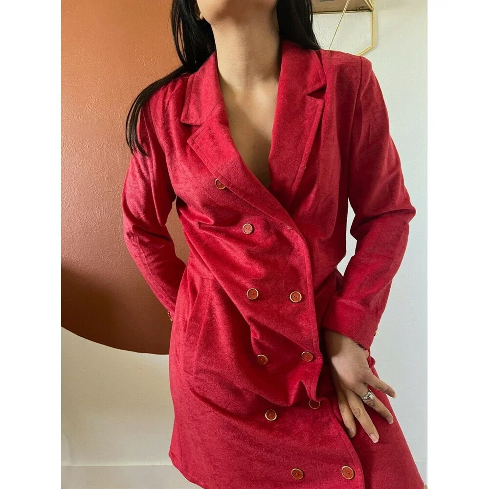 vtg 60s red coat dress long sleeve‎ double breasted pockets mini wedding guest 8